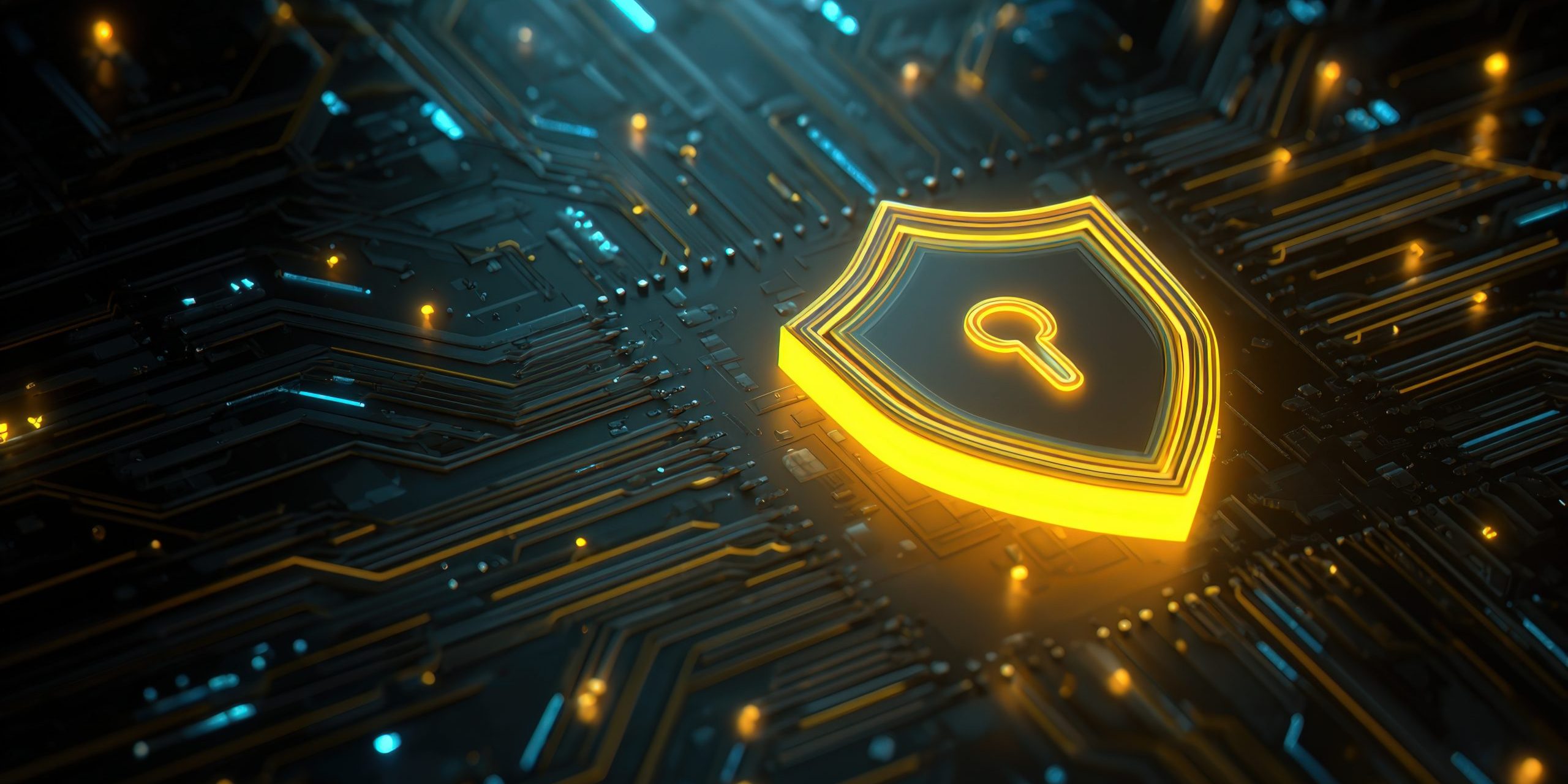 An abstract digital security background featuring a glowing shield icon on a circuit board, symbolizing data protection and innovation in technology.